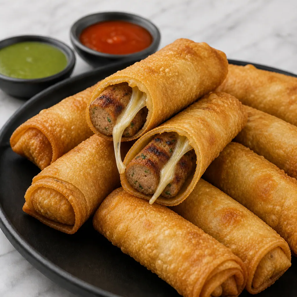 Golden cheesy kebab spring rolls with melted cheese and chilli sauce