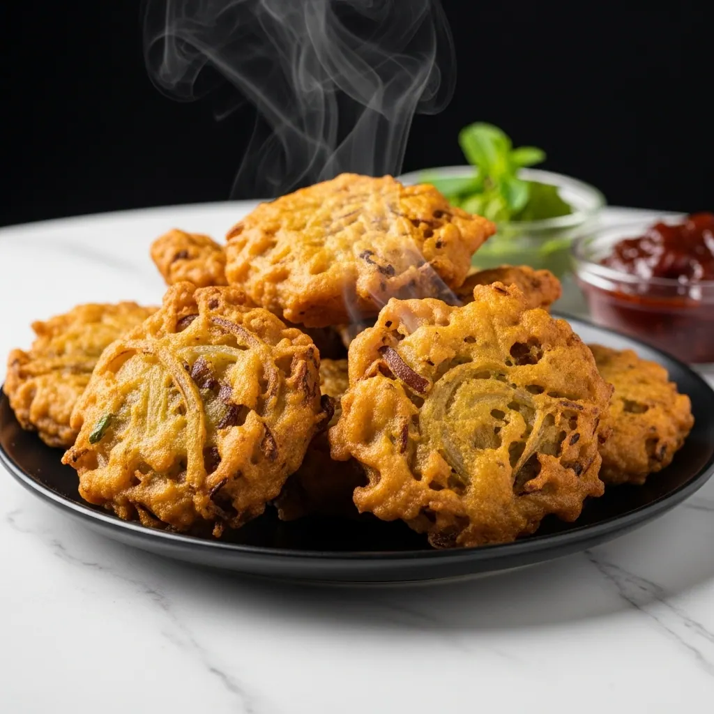 Freshly cooked onion bhaji with a crisp golden coating