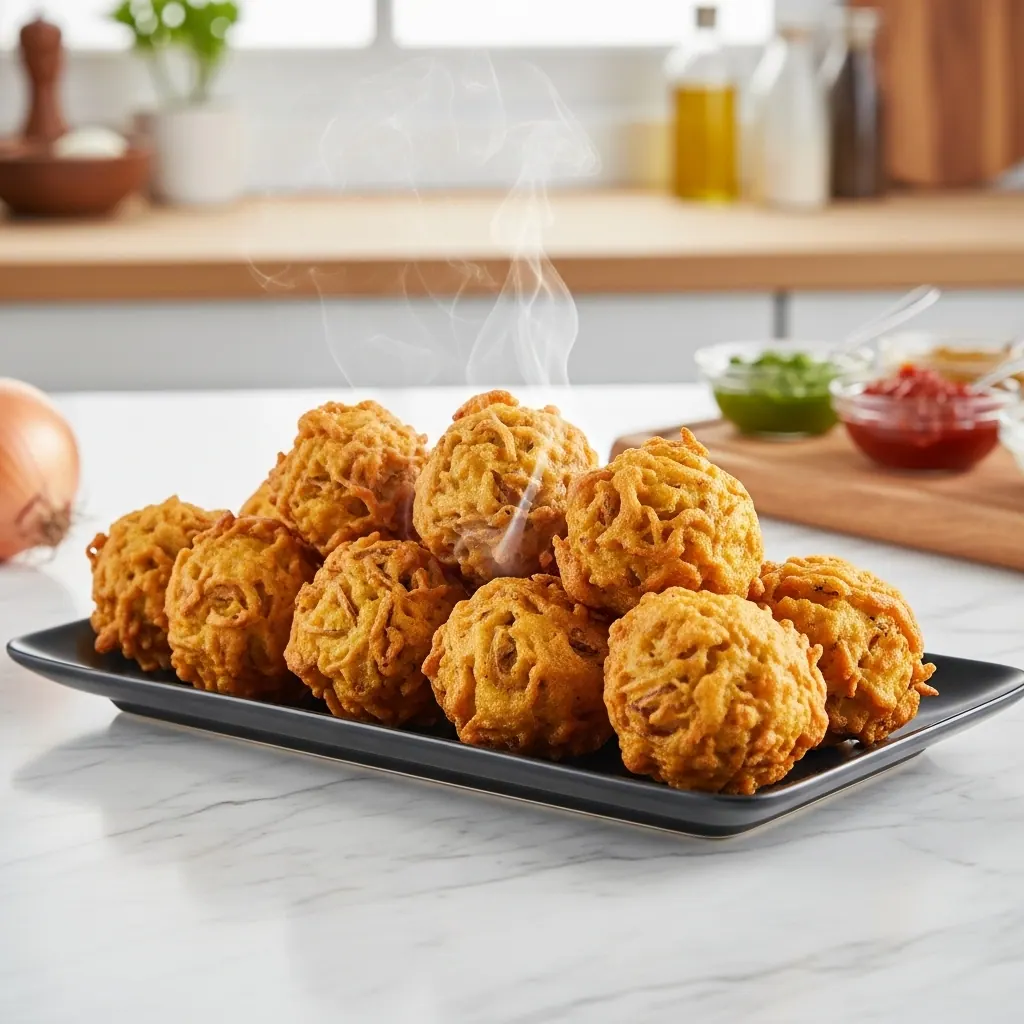 Crisp pakora pieces served ready for sharing