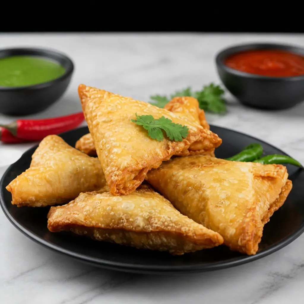 Golden triangular samosas arranged on a serving plate